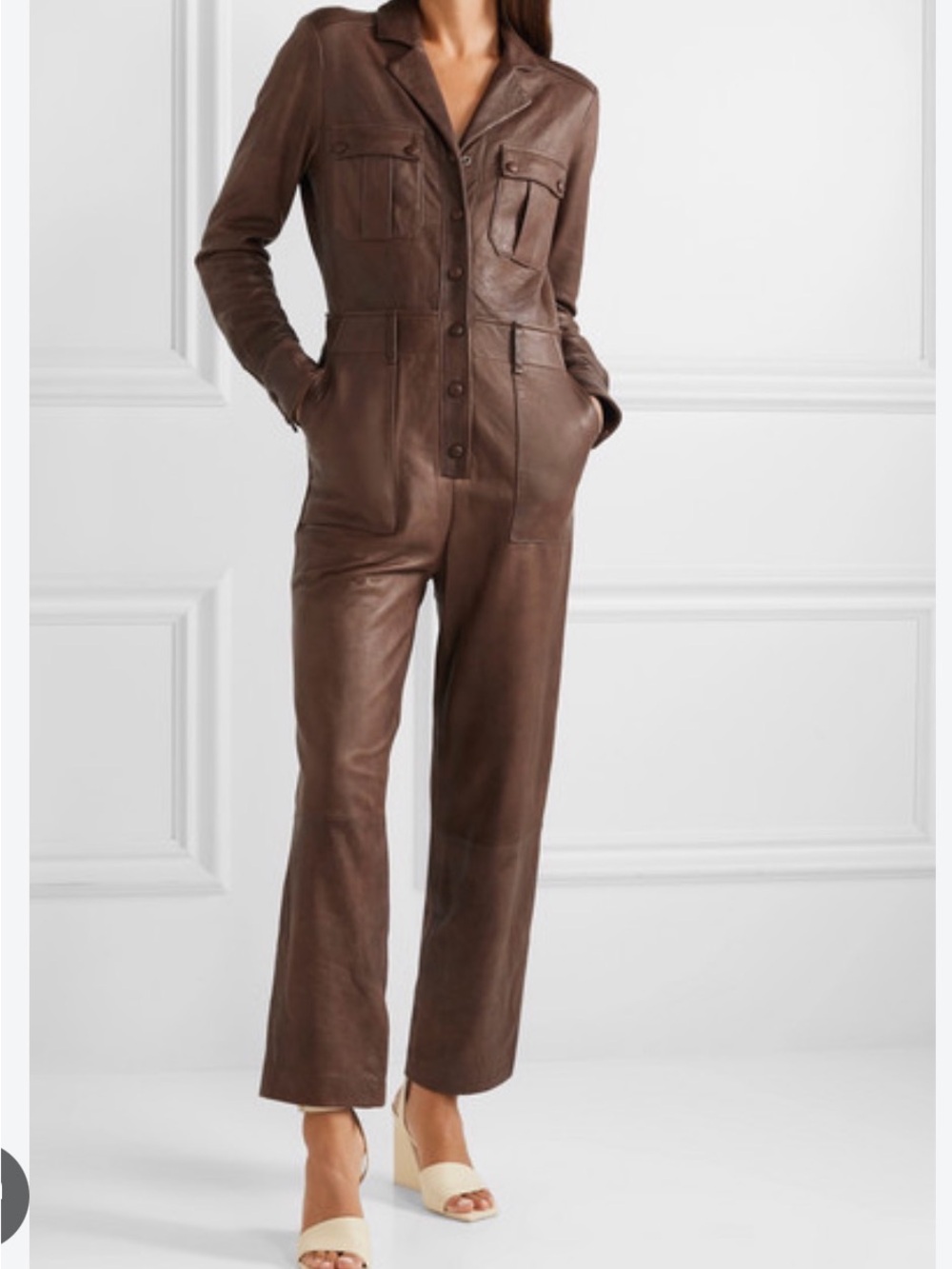 Veronica Beard Chocolate Brown Leather Utility Jumpsuit